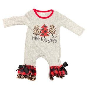 Merry Christmas Baby Girls Romper 0-3M Leopard Plaid Ruffle Cotton Blend Red Tri
